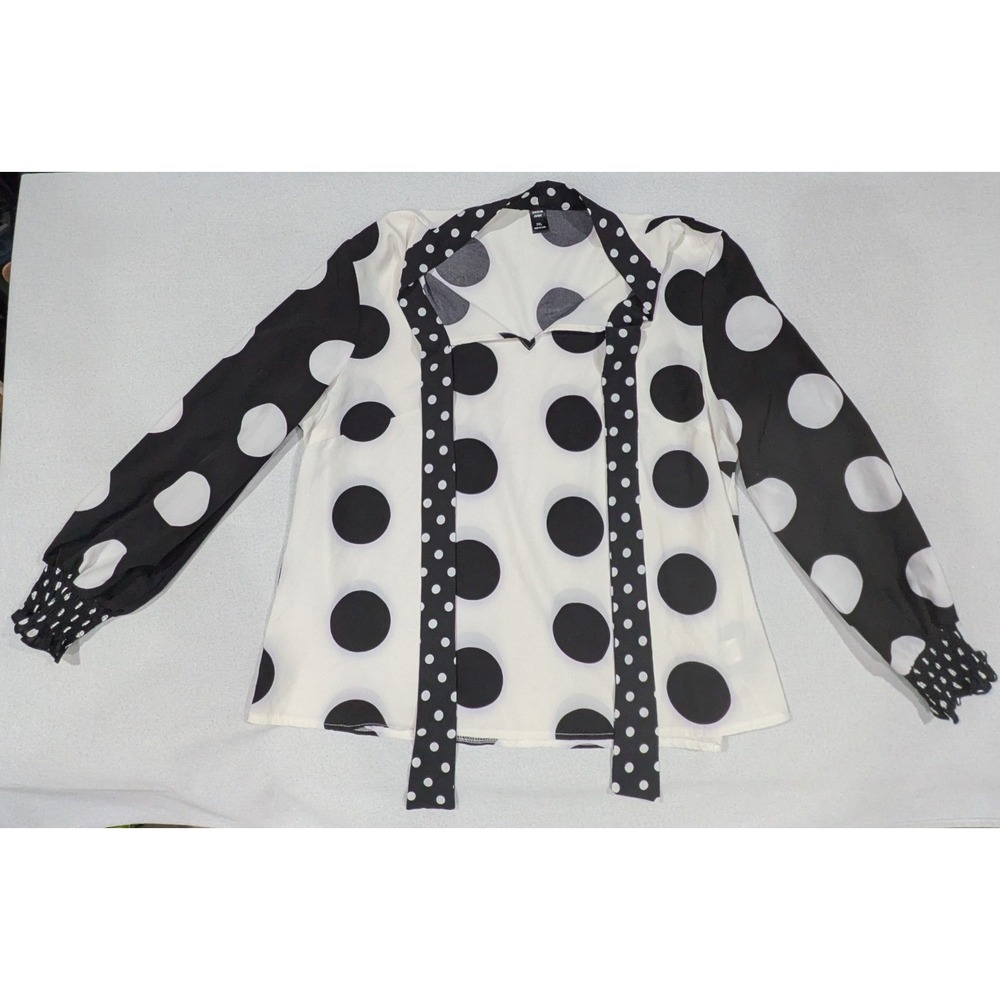 Shein Curve Blouse Womens 2XL Black White Polka Dot Excellent Tie Neck Smocked